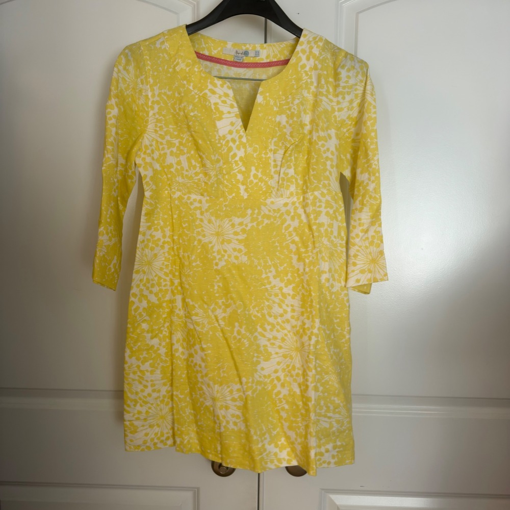 Boden Yellow White Floral Linen Cotton Shift Dress V-Neck 3/4 Sleeve US 6P UK 10